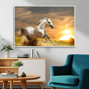 44295212-MGV-FC-36X24_White-Horse Wall Art – Running White Stallion Canvas Print with Sunset Background, Western Wildlife Decor for Living Room, Office, or