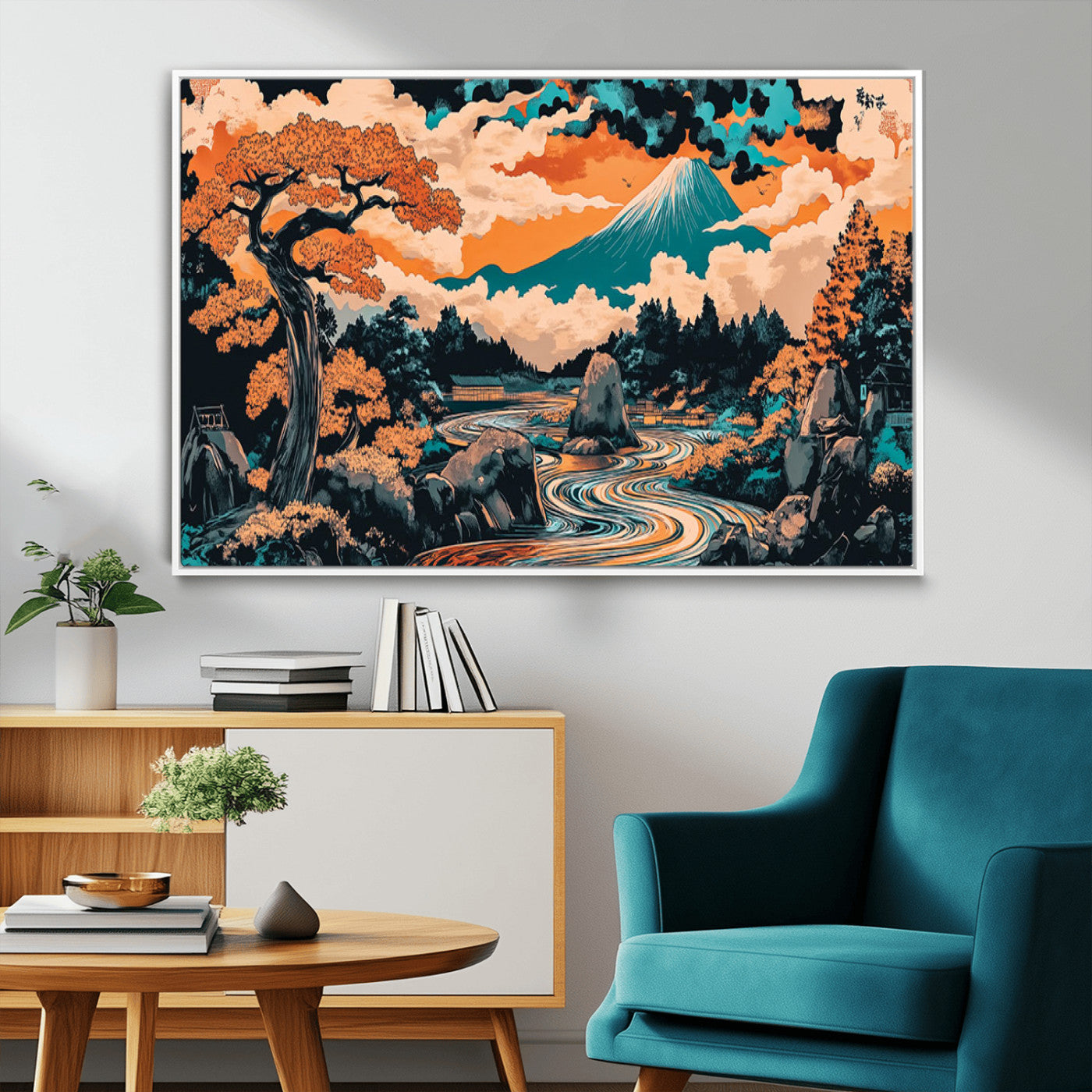 21638941-MGV-FC-36X24_White-Japanese Landscape Wall Art – Mount Fuji and Flowing River Ukiyo-e Style Canvas Print, Traditional Japan Inspired Artwork for