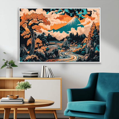 21638941-MGV-FC-36X24_White-Japanese Landscape Wall Art – Mount Fuji and Flowing River Ukiyo-e Style Canvas Print, Traditional Japan Inspired Artwork for