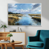 87082041-MGV-CV-36X24-Marshland Landscape Wall Art – Serene Nature Canvas Print with Blue Sky and Reflections, Tranquil Scenic Painting for Living Room,