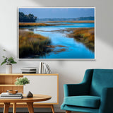 26300004-MGV-CV-36X24-Tranquil Marshland Canvas Wall Art – Blue Water, Reflective Sky, Golden Grasses, Calm Nature Landscape, Scenic Outdoor Beauty for