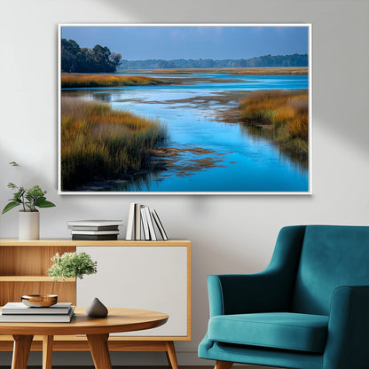 26300004-MGV-CV-36X24-Marshland Landscape Wall Art – Scenic Nature Canvas Print with Golden Grass and Blue Water, Peaceful River Photography for Living