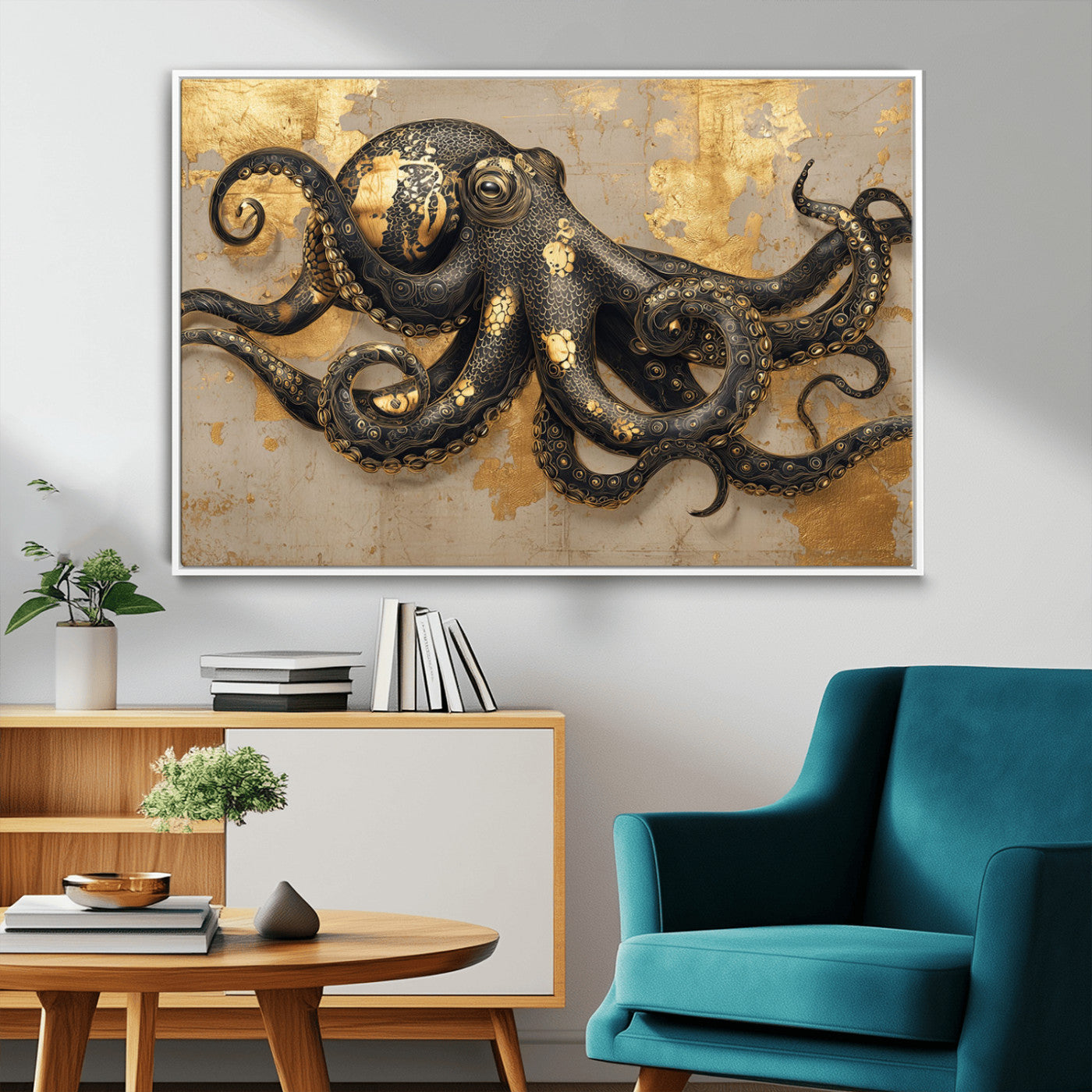 57944271-MGV-FC-36X24_White-Octopus Wall Art – Black and Gold Nautical Canvas Print, Modern Ocean Inspired Artwork with Elegant Detailing, Coastal Marine