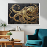 47056538-MGV-FC-36X24_White-Octopus Wall Art – Gold Nautical Canvas Print with Rustic Wood Texture, Marine Creature Artwork for Coastal Ocean Decoration in