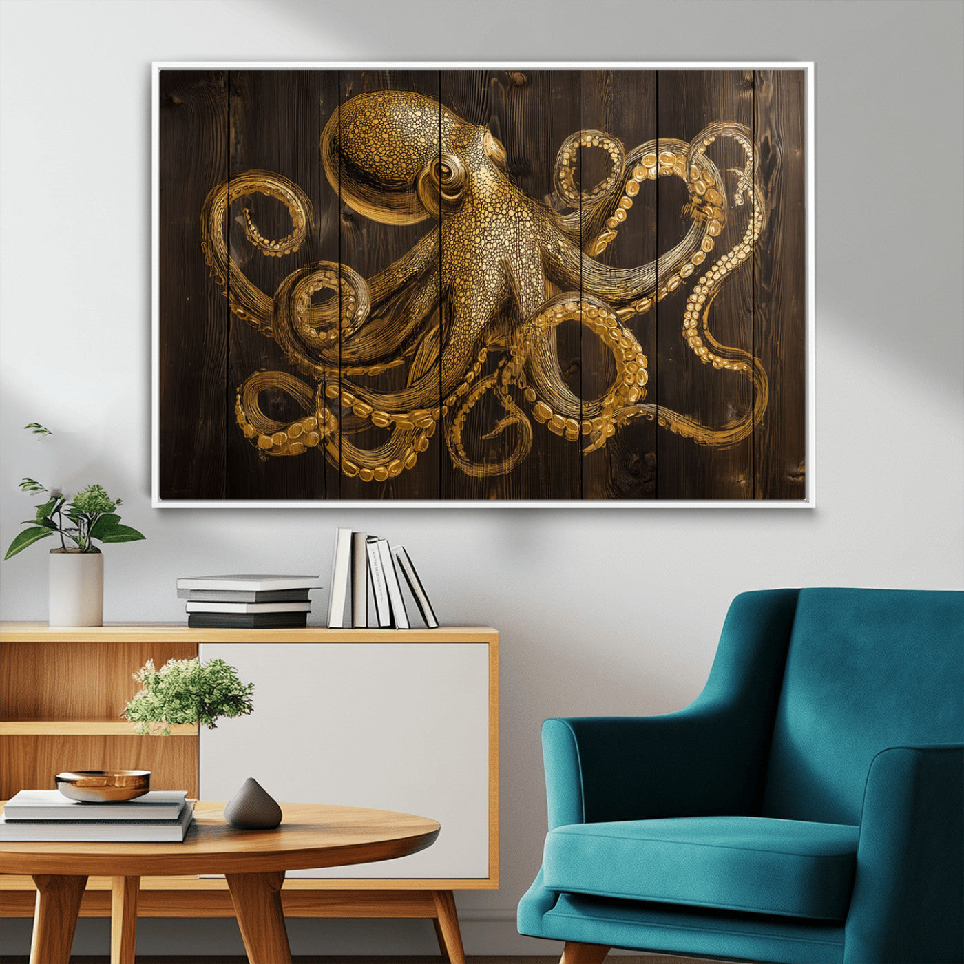 56769669-MGV-FC-36X24_White-Octopus Wall Art – Gold Nautical Canvas Print with Rustic Wood Panel Design, Detailed Marine Artwork for Coastal Ocean Decoration