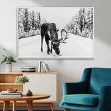 38956835-MGV-FC-36X24_White-Moose Wall Art – Black and White Wildlife Canvas Print with Snowy Forest Road, Rustic Nature Photography for Cabin, Lodge, Living