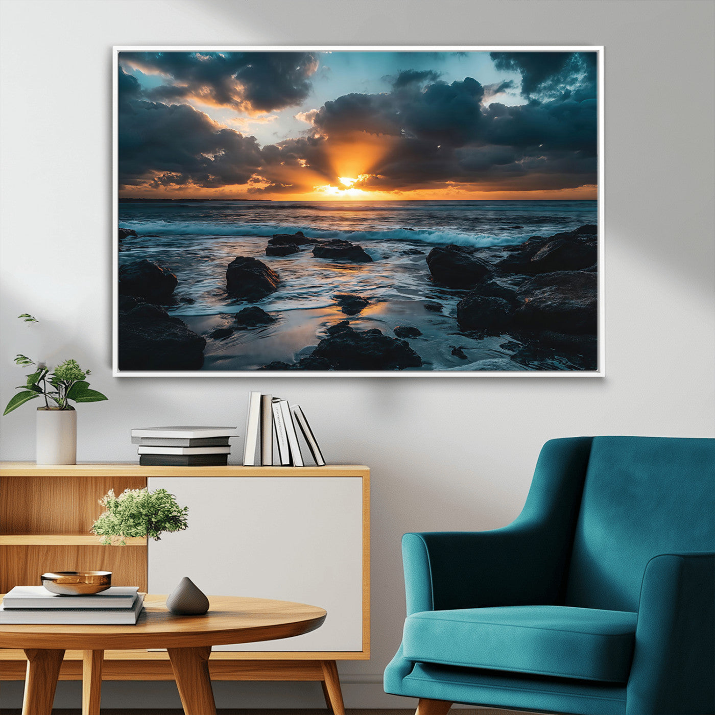 66040852-MGV-CV-36X24-Ocean Sunset Canvas Wall Art – Rocky Shore Waves, Dramatic Clouds, Golden Sun Rays, Coastal Nature, Serene Water Reflection for