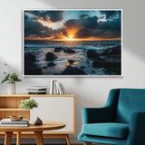 66040852-MGV-CV-36X24-Ocean Sunset Canvas Wall Art – Rocky Shore Waves, Dramatic Clouds, Golden Sun Rays, Coastal Nature, Serene Water Reflection for