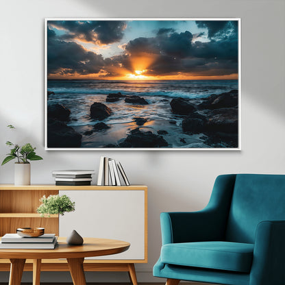 66040852-MGV-CV-36X24-Ocean Sunset Canvas Wall Art – Rocky Shore Waves, Dramatic Clouds, Golden Sun Rays, Coastal Nature, Serene Water Reflection for