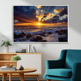 35900590-MGV-FC-36X24_White-Ocean Sunset Wall Art – Vivid Seascape Canvas Print with Sunburst Sky, Crashing Waves and Rocky Shore, Dramatic Coastal