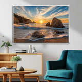 85659923-MGV-CV-36X24-Rocky Ocean Sunset Canvas Wall Art – Seaside Dramatic Seascape Print, Coastal Modern Decor, Ocean Sunset Art for Living Room or