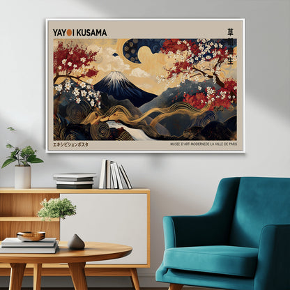66892669-MGV-CV-36X24-Yayoi Kusama Japanese Inspired Canvas Print – Mt. Fuji & Floral Scene Wall Art, Framed Asian Style Canvas for Home, Office or