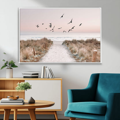 34632598-MGV-FC-36X24_White-Beach Pathway Wall Art – Coastal Canvas Print with Sandy Trail, Flying Birds and Pastel Sky, Serene Ocean Landscape Photography