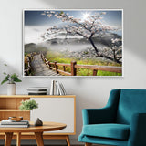 34632598CRY-MGV-FC-36X24_White-Cherry Blossom Wall Art – Scenic Asian Landscape Canvas Print with Wooden Walkway, Misty Mountains and Sunrise, Serene Nature
