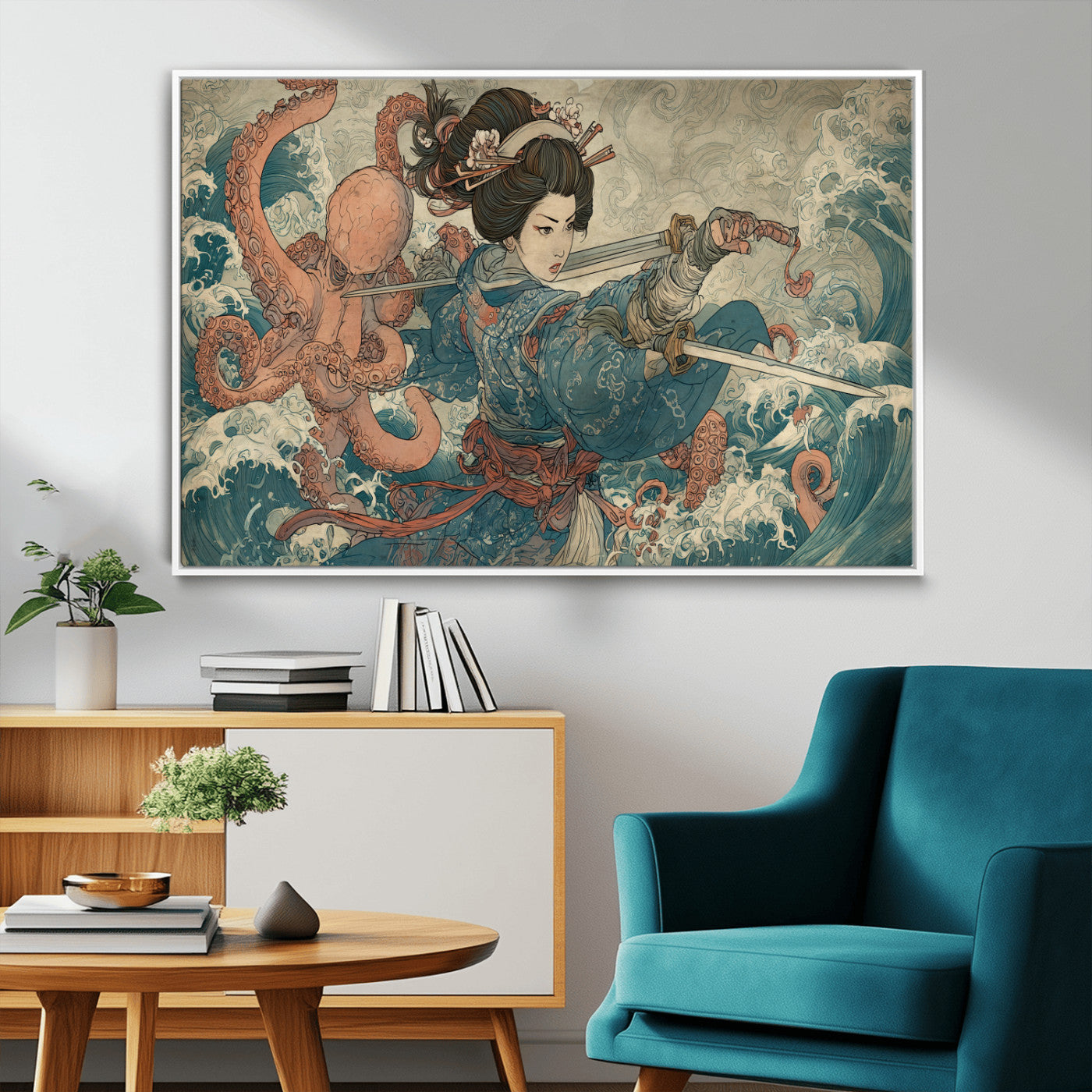 52037775-MGV-CV-36X24-Tsukioka Yoshitoshi Samurai Wall Art Print, Japanese Katana Warrior Canvas Wall Art, Octopus Sea Monster Canvas Print,