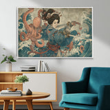 52037775-MGV-CV-36X24-Tsukioka Yoshitoshi Samurai Wall Art Print, Japanese Katana Warrior Canvas Wall Art, Octopus Sea Monster Canvas Print,