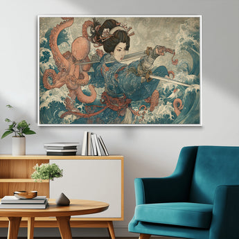 52037775-MGV-CV-36X24-Samurai Woman Wall Art – Japanese Ukiyo e Style Canvas Print with Katana, Ocean Waves and Octopus, Traditional Asian Inspired