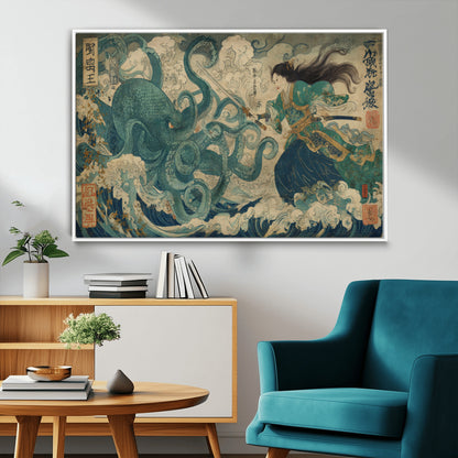 60346622-MGV-CV-36X24-Samurai Warrior vs Octopus Wall Art – Japanese Ukiyo-e Style Ocean Battle Canvas Print, Traditional Samurai Artwork for Living