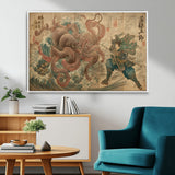63782167-MGV-CV-36X24-Tsukioka Yoshitoshi Samurai Wall Art Print, Japanese Katana Warrior Canvas Wall Art, Octopus Sea Monster Canvas Print,