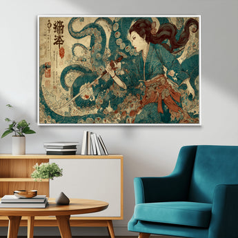 18575670-MGV-CV-36X24-Samurai Woman vs Octopus Wall Art – Japanese Ukiyo-e Ocean Battle Canvas Print, Traditional Warrior Artwork for Living Room,