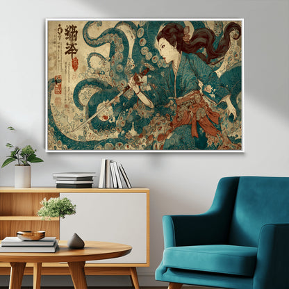 18575670-MGV-CV-36X24-Samurai Woman vs Octopus Wall Art – Japanese Ukiyo-e Ocean Battle Canvas Print, Traditional Warrior Artwork for Living Room,