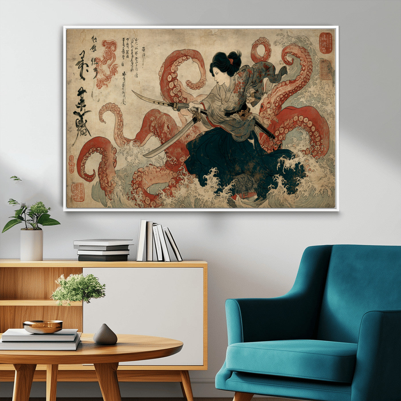 50812504-MGV-CV-36X24-Tsukioka Yoshitoshi Samurai Wall Art Print, Japanese Katana Warrior Canvas Wall Art, Octopus Sea Monster Canvas Print,