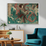 91666601-MGV-CV-36X24-Samurai Woman vs Octopus Wall Art – Japanese Ukiyo-e Green Robe Canvas Print, Ocean Battle Artwork for Living Room, Office, Man