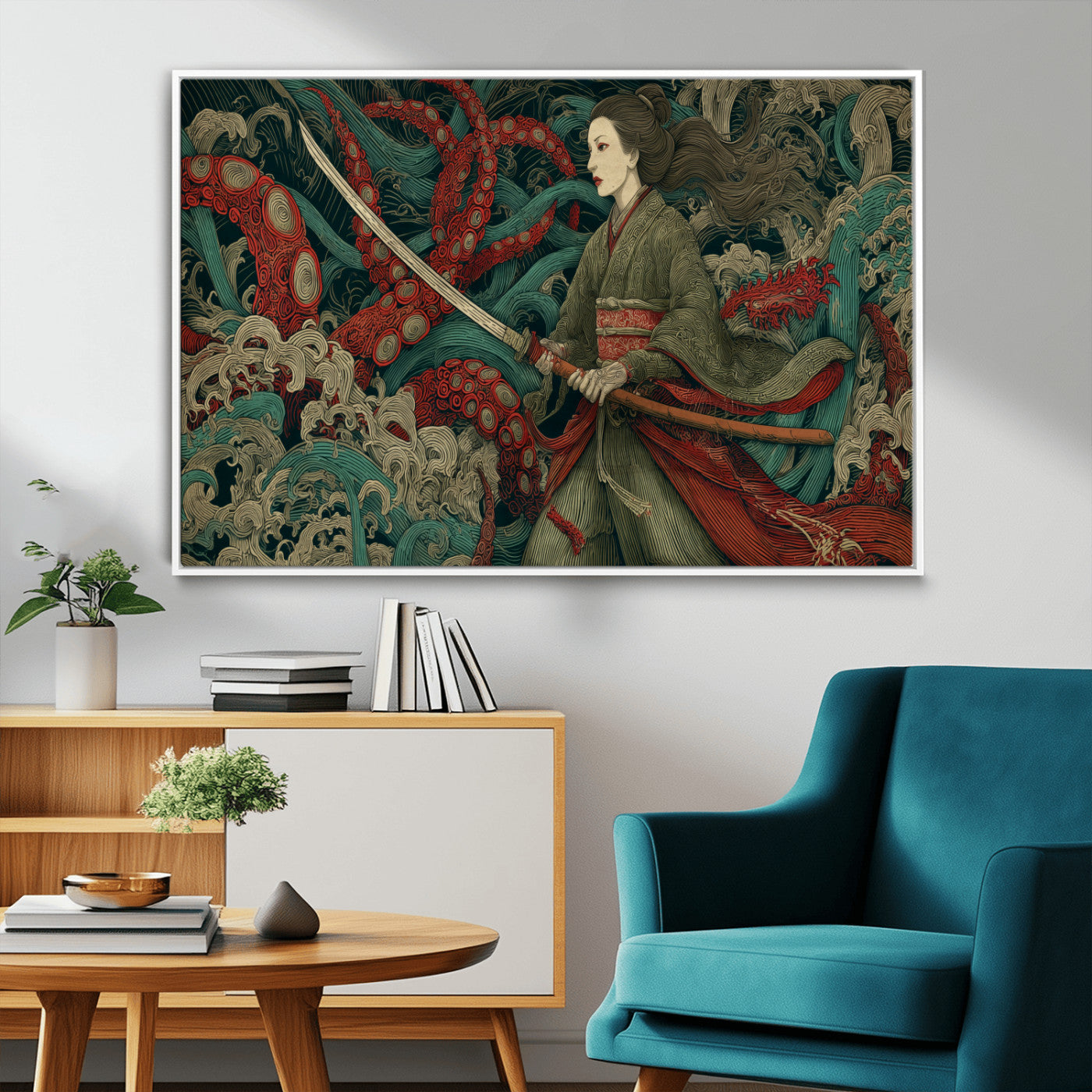 18902796-MGV-FC-36X24_White-Samurai Woman vs Octopus Wall Art – Japanese Ukiyo-e Green Kimono Canvas Print, Ocean Battle Scene Artwork for Living Room,