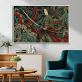 18902796-MGV-FC-36X24_White-Samurai Woman vs Octopus Wall Art – Japanese Ukiyo-e Green Kimono Canvas Print, Ocean Battle Scene Artwork for Living Room,