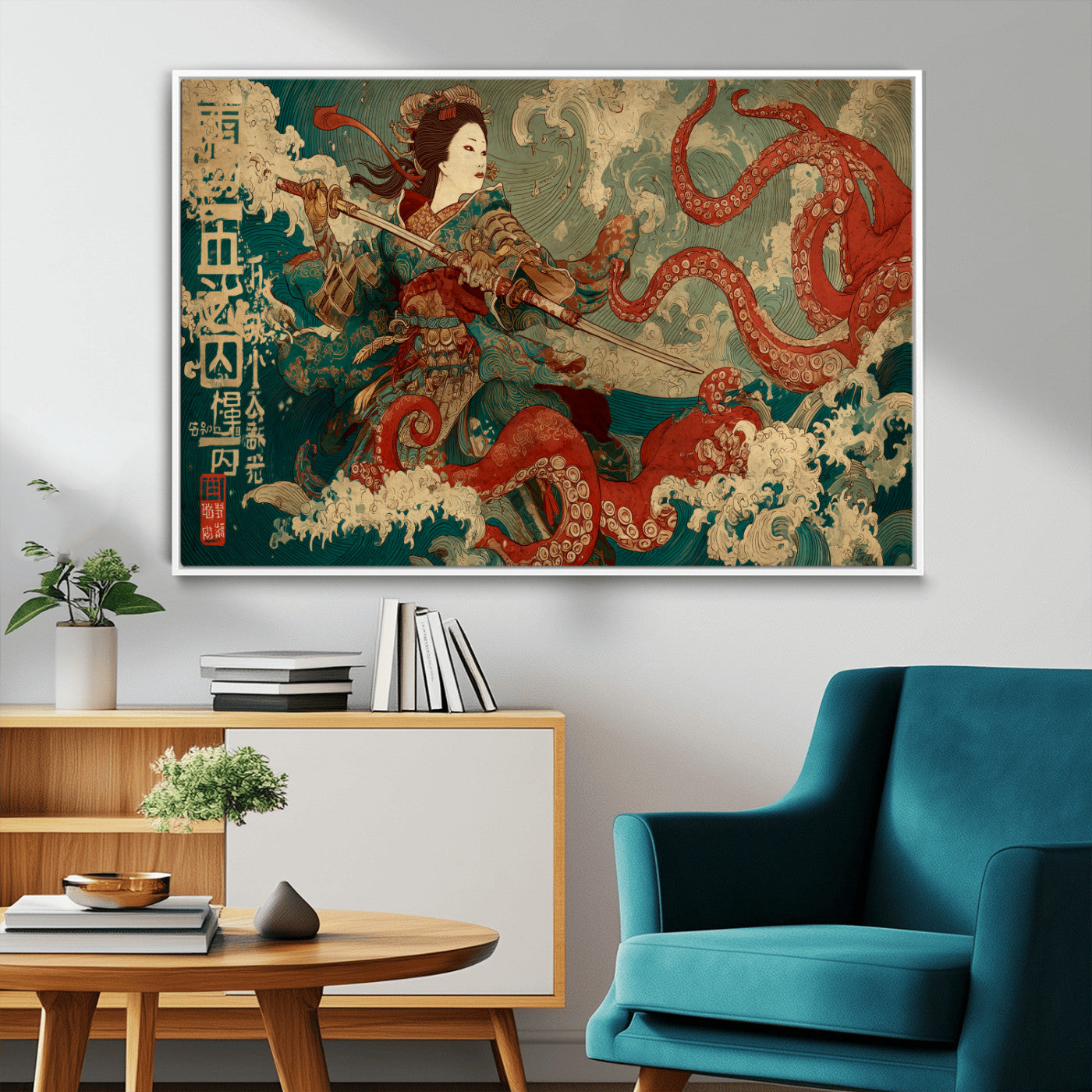 60201267-MGV-CV-36X24-Samurai Woman vs Octopus Wall Art – Japanese Ukiyo-e Armor Canvas Print, Red Tentacle Ocean Battle Artwork for Living Room,