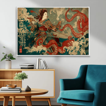 60201267-MGV-CV-36X24-Samurai Woman vs Octopus Wall Art – Japanese Ukiyo-e Armor Canvas Print, Red Tentacle Ocean Battle Artwork for Living Room,