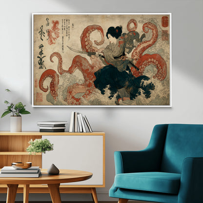 82737246-MGV-FC-36X24_White-Samurai Woman vs Octopus Wall Art – Japanese Ukiyo-e Dual Sword Canvas Print, Red Tentacle Ocean Battle Artwork for Living Room,