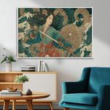 79740258-MGV-CV-36X24-Samurai Woman vs Octopus Wall Art – Japanese Ukiyo-e Blue Kimono Canvas Print, Ocean Battle Artwork for Living Room, Office, Man