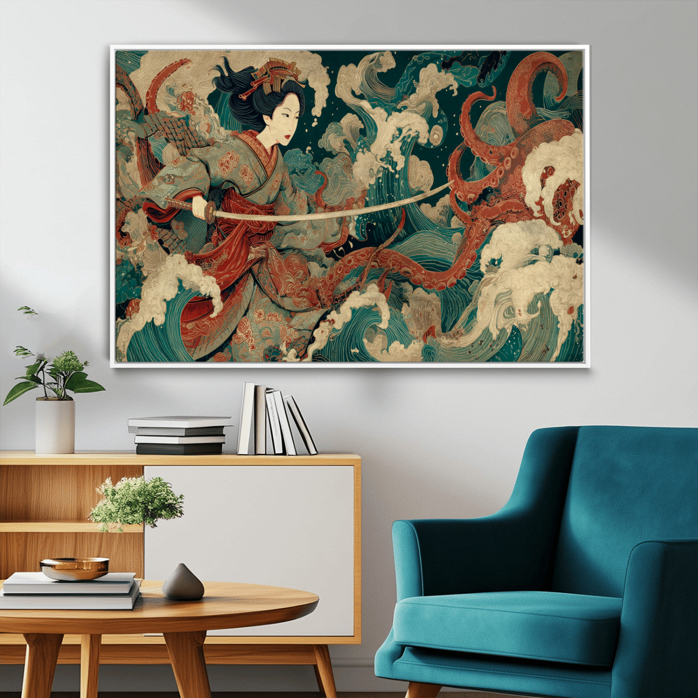 30212982-MGV-FC-36X24_White-Samurai Woman vs Octopus Wall Art – Japanese Ukiyo-e Style Warrior and Sea Monster Canvas Print, Mythology Inspired Artwork for