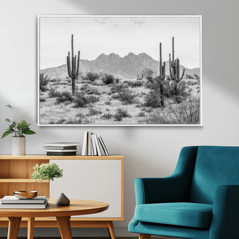 97436PHN-MGV-CV-36X24-Desert Landscape Wall Art – Black and White Cactus and Mountain Canvas Print, Southwestern Nature Photography for Living Room,