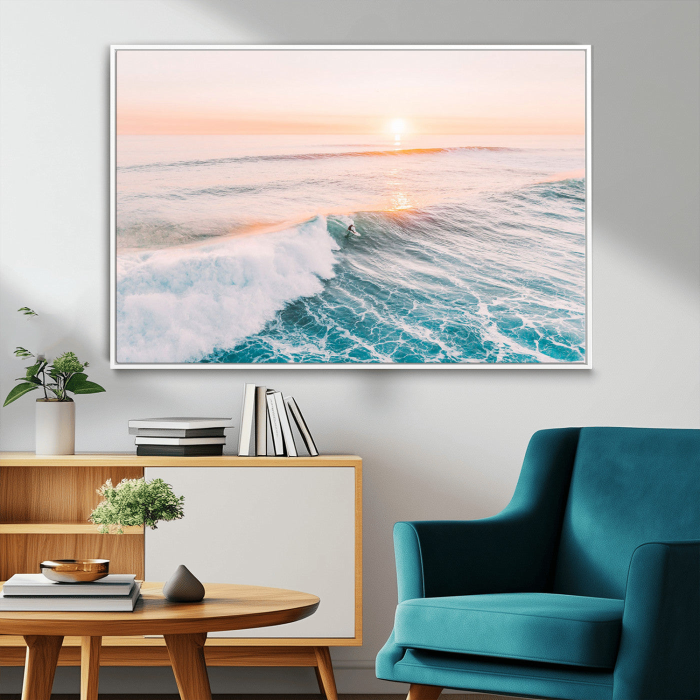 34064591-MGV-CV-36X24-Surfing Wall Art – Sunset Ocean Wave Canvas Print, Surfer Riding Sea Photography Decor for Bedroom, Living Room, Office, Coastal