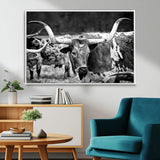 15425553-MGV-FC-36X24_White-Western Wall Art – Longhorn Cattle Black and White Canvas Print, Rustic Ranch Photography Decor for Bedroom, Living Room, Office,
