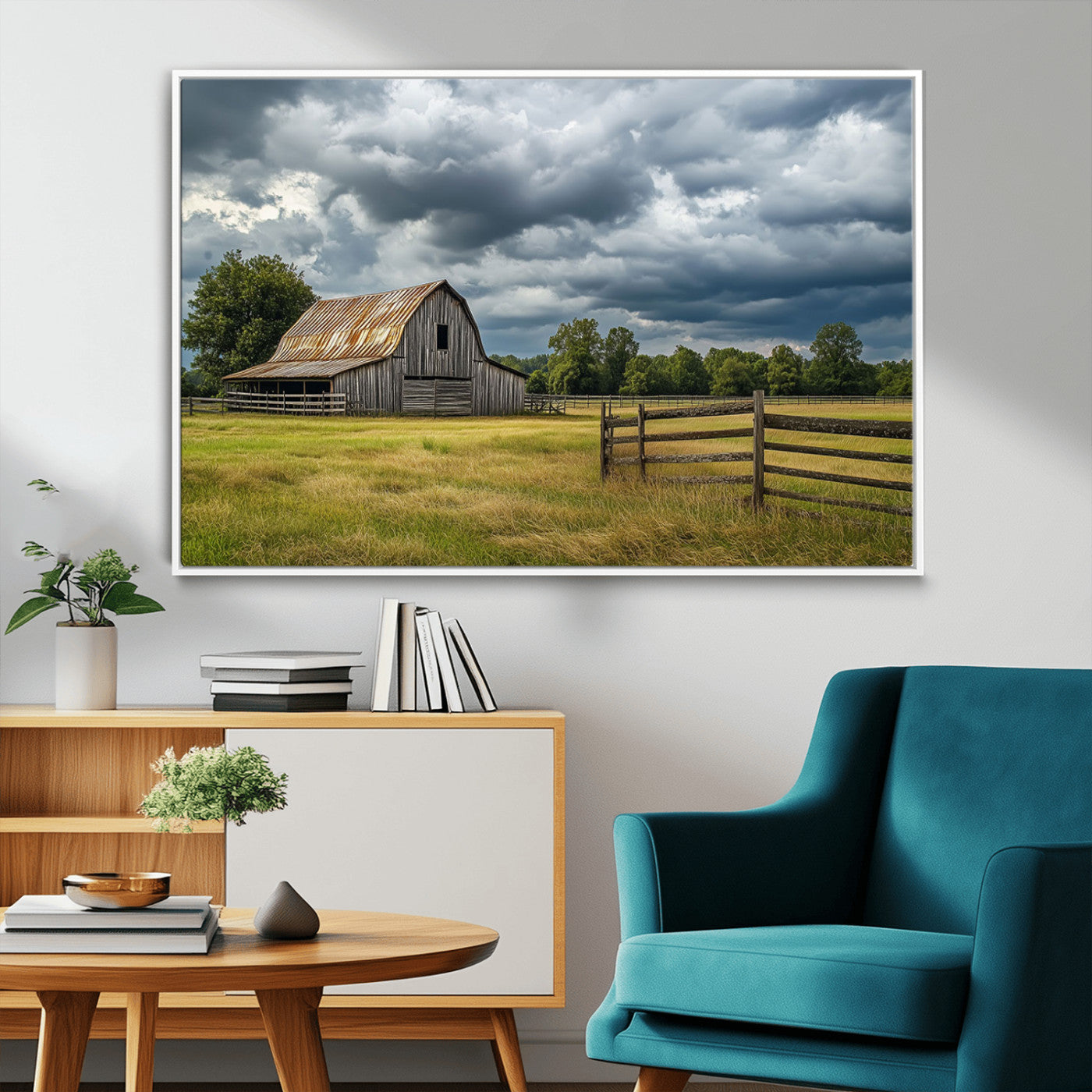 39409517-MGV-CV-36X24-Rustic Barn Wall Art – Weathered Farmhouse and Storm Clouds Canvas Print, Country Landscape Photography Decor for Bedroom, Living
