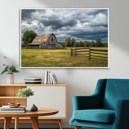 39409517-MGV-CV-36X24-Rustic Barn Wall Art – Weathered Farmhouse and Storm Clouds Canvas Print, Country Landscape Photography Decor for Bedroom, Living