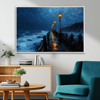 48300530-MGV-FC-36X24_White-Night Pier Wall Art – Moody Ocean Boardwalk Canvas Print, Impressionist Coastal Seascape Painting Decor for Living Room, Office,