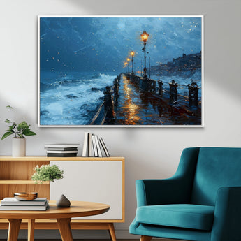 93793246-MGV-CV-36X24-Stormy Night Pier Canvas Wall Art – Moody Ocean Landscape with Lights, Blue Coastal Seascape Print for Bedroom, Living Room,
