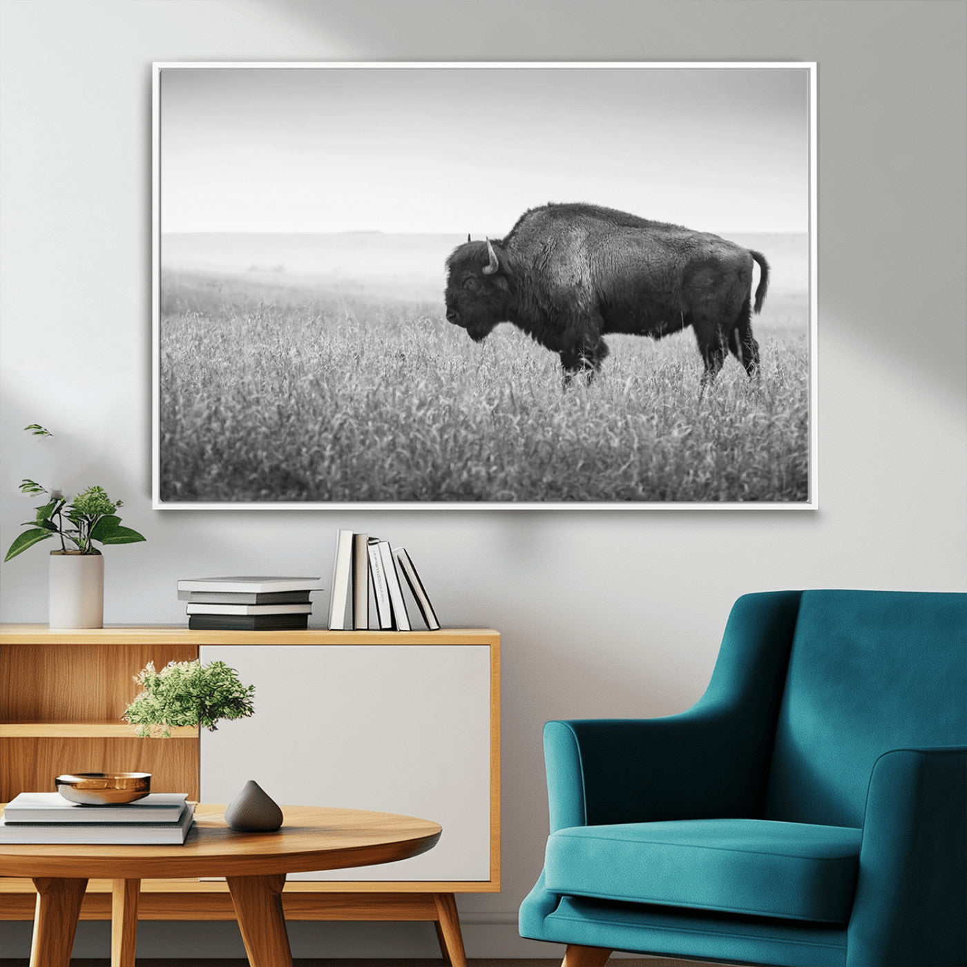 90861202-MGV-FC-36X24_White-Black and White Bison Canvas Wall Art – Rustic American Buffalo Print, Western Wildlife Photography for Farmhouse, Cabin, Office