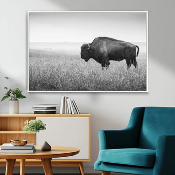 90861202-MGV-FC-36X24_White-Black and White Bison Canvas Wall Art – Rustic American Buffalo Print, Western Wildlife Photography for Farmhouse, Cabin, Office