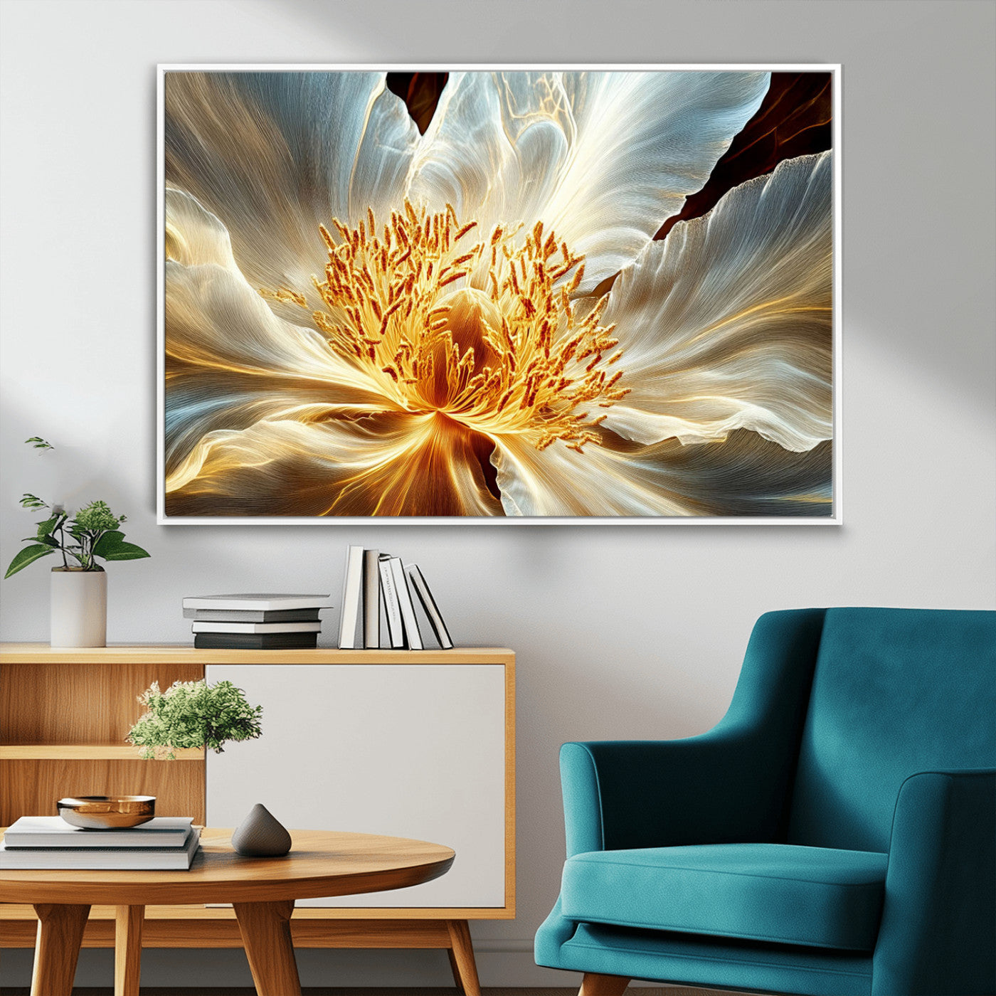 20862576-MGV-FC-36X24_White-Golden Abstract Flower Canvas Wall Art – Modern Botanical Bloom Print, Elegant Floral Artwork for Living Room, Bedroom, Office