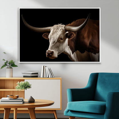 27414857-MGV-FC-36X24_White-Longhorn Bull Wall Art – Dramatic Western Steer Portrait Canvas Print, Rustic Farmhouse Animal Decor for Living Room, Office, or