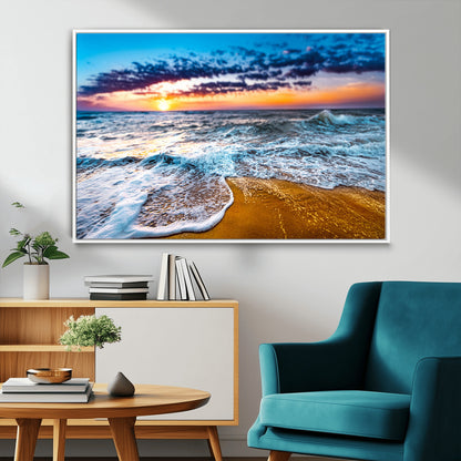 24077769-MGV-FC-36X24_White-Sunset Beach Wall Art – Ocean Waves Canvas Print, Golden Shoreline Photography Coastal Decor for Living Room, Bedroom, Office,