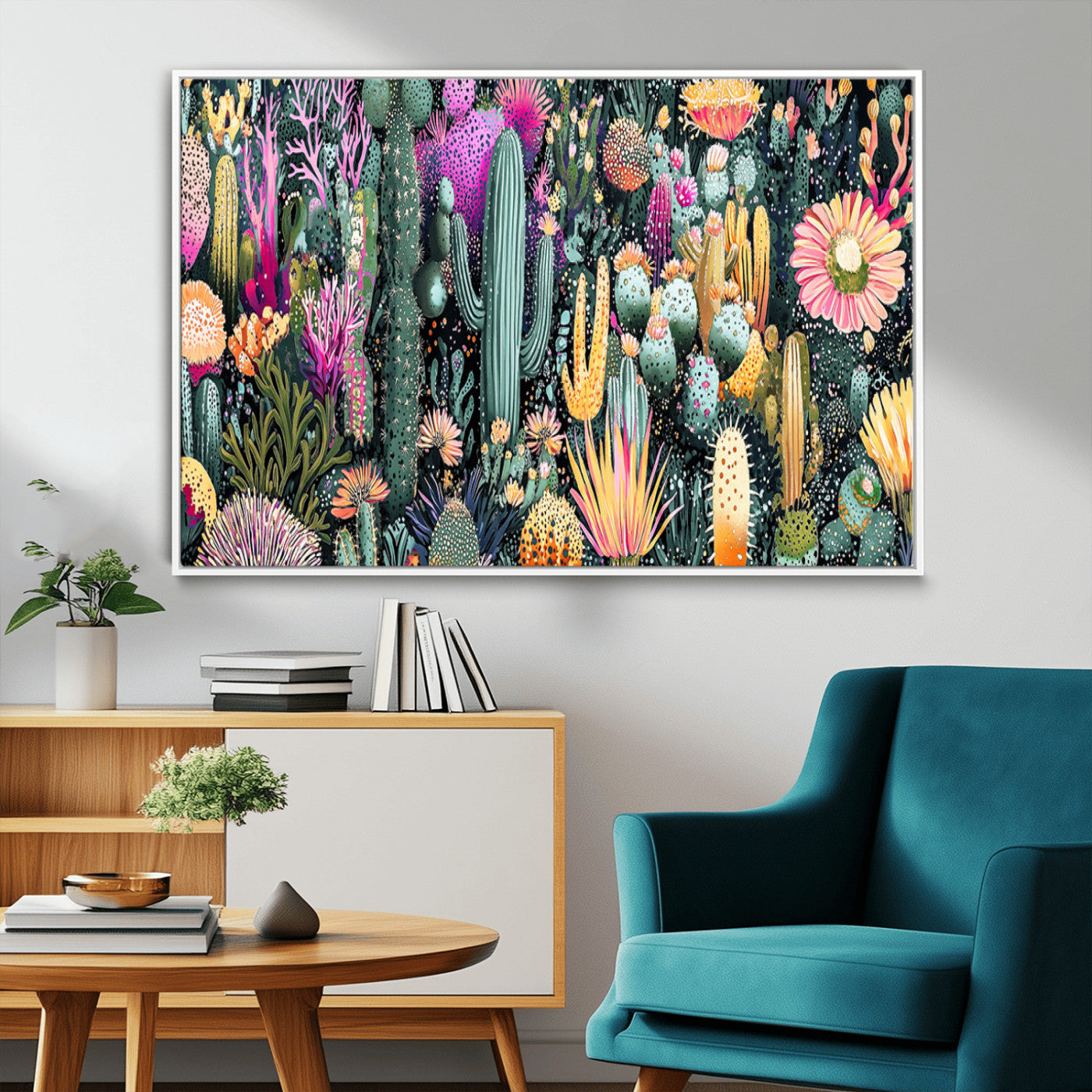 61768646-MGV-FC-36X24_White-Abstract Cactus Wall Art – Colorful Desert Botanical Print with Vibrant Succulents and Flowers, Modern Boho Southwest Decor for