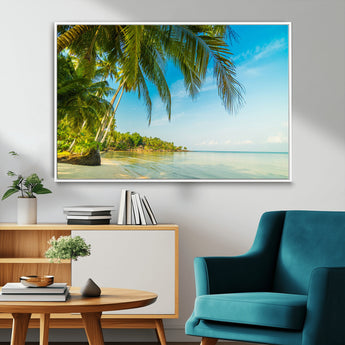 65056721-MGV-FC-36X24_White-Tropical Beach Wall Art – Palm Tree Coastal Photography Print, Relaxing Ocean Paradise Landscape, Island Seascape Home or Office