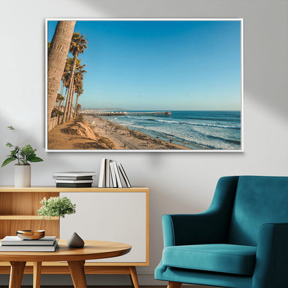92568259-MGV-CV-36X24-California Beach Wall Art – Palm Tree Pier Canvas Print, Coastal Ocean Photography Seaside Decor for Living Room, Bedroom, Office,