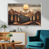 90044381-MGV-CV-36X24-Rustic Wall Art – Wooden Mountain Landscape with Sun and Pine Trees, Handcrafted Nature Canvas Style Decor for Bedroom, Living